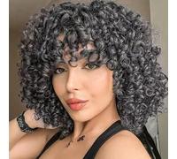 PORSMEER Parrucca riccia da 35,5 cm, per donne di colore, stile afro, bomb, con frangia, in fibra sintetica, senza colla, capelli lunghi e ondulati (nero misto bianco)