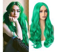 PORSMEER Parrucche 26 pollici/60 cm lunghezza Wavy fibre sintetiche ricci parrucca di ricambio per feste Cosplay quotidiano parrucca (verde)