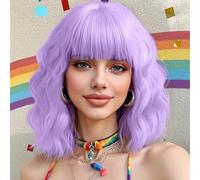 PORSMEER Parrucche corte ondulate Bob viola chiaro con frangia per le donne parrucca lunghezza della spalla parrucca da donna, capelli sintetici naturali colorati per tutti i giorni, feste, Halloween