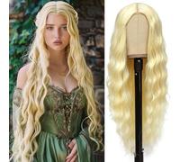 PORSMEER Parrucche lunghe ondulate per donne, parte centrale soffice parrucca riccia, parrucche in fibra sintetica resistente al calore dall'aspetto naturale per la festa quotidiana cosplay (bionda)