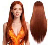 PORSMEER Rosso Rame Parrucca Lunga Liscia Diritta per Donne/Ragazze/Afro Capelli Sintetici Naturali con Partizione Centrale e Anello in Pizzo per Festa/Costume Wig Rossa (Auburn)