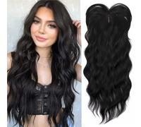 PORSMEER Topper Nero Naturale da Donna, Lunghezza 45 cm, Ondulato, per Capelli Sottili, Clip in Wiglet Con Frangia per Aggiungere Volume