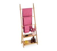 Relaxdays Porta Asciugamani da Terra in Bambù, Portasalviette 3 Bracci, 2 Ripiani, Autoportante, 134x53x31,5 cm, Marrone