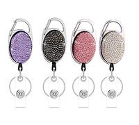 Porta badge a scomparsa con cristalli di strass Bling, Bobina per badge con clip da cintura e portachiavi, Cavo di trazione in Kevlar spesso 24 pollici. (4 pezzi - argento, nero, rosa e viola)