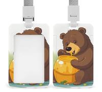 Porta badge Bear Eats Honey con fessura push-pull e cordino, porta badge verticale in plastica impermeabile, portadocumenti da viaggio portatile, protezione per carte rimovibile