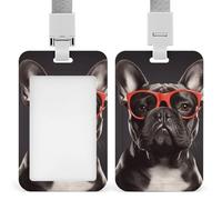 Porta badge Bulldog francese con fessura push-pull e cordino, porta badge verticale in plastica impermeabile, portadocumenti da viaggio portatile, protezione per carte rimovibile
