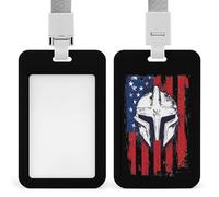 Porta badge con casco spartano, bandiera degli Stati Uniti, divertente, con cordino, per insegnanti, infermieri, dottori