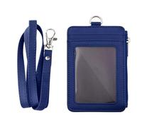 Porta badge con cerniera, sottile custodia a portafoglio in pelle PU a doppio lato con 5 slot per schede, 1 tasca laterale con cerniera e cordino da collo in PU da 45,7 cm, colore: blu verticale