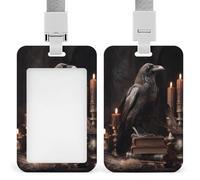 Porta badge con clip retrattile, motivo: corvo su diversi libri, in stile gotico, per lavoro, ufficio, dottore, infermiere