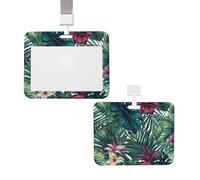 Porta badge con cordini, motivo foglie tropicali, impermeabile, resistente, con clip scorrevole, per donne e uomini