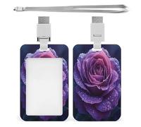 Porta badge con cordino a forma di rosa viola con gocce di rugiada, dotato di 1 finestra per documento e tracolla per patente di guida e ufficio.