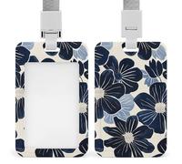 Porta badge con cordino e cordino per carta d'identità verticale, motivo floreale, colore blu navy, multiuso, per ufficio, insegnanti, infermieri