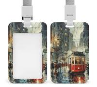 Porta badge con cordino identificativo scorrevole in plastica rigida porta carte d'identità con tram rosso sotto la pioggia, porta badge da lavoro, per insegnanti di ufficio, donne e uomini