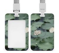 Porta badge con cordino, porta carte in plastica con chiusura di sicurezza, appendibile verticalmente, con graziosa e personalizzata stampa di ninfee nere.