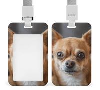 Porta badge con cordino, porta carte in plastica con chiusura di sicurezza, da appendere verticalmente, carino e personalizzato, con stampa di un chihuahua marrone.