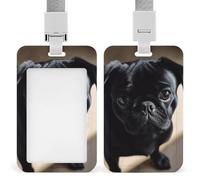 Porta badge con cordino, porta carte in plastica con chiusura di sicurezza, da appendere verticalmente, con stampa di un simpatico cucciolo di carlino nero.