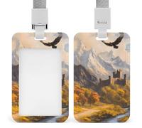 Porta badge con cordino, resistente, con motivo a montagne, alberi, fiume, autunno, paesaggio, porta badge con nome carino per donne e uomini