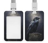 Porta badge con corvo appollaiato su un vecchio ceppo di albero, gotico, clip retrattile, porta carte di credito, nome, targhetta per lavoro, ufficio, dottore, infermiera