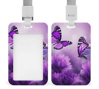 Porta badge con farfalle e fiori viola, con cordino staccabile, protezione verticale in plastica, resistente, per insegnanti, infermieri, ufficiali, personale di sicurezza