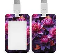 Porta badge con fiore e foglie, colore viola e rosso, con cordino, protezione verticale per carta d'identità, multiuso, per ufficio, insegnanti, infermieri