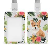 Porta badge con fiore tropicale e corgi, con cordino, impermeabile, porta carte d'identità, per lavoro, ufficio, insegnante, infermiera