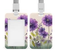Porta badge con fiori viola in stile acquerello Porta badge scorrevole Porta badge verticale per cordino Impermeabile Porta targhetta nome tasca per dottore, insegnante, infermiera
