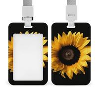 Porta badge con girasole su sfondo nero, porta badge con cordino staccabile, design impermeabile per ufficio, posto di lavoro
