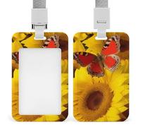 Porta badge con girasoli gialli con farfalla rossa con cordino, cordino staccabile, protezione verticale per carta d'identità, porta badge multiuso per ufficio, insegnanti, infermieri