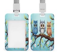 Porta badge con gufo su un ramo stampato verticale, adatto per ufficio, scuola, carta d'identità, chiavi, patente di guida e pass
