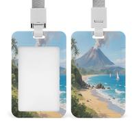 Porta badge con immagine del vulcano di Bali, con stampa verticale, adatto per carta d'identità per ufficio, scuola, tessera di prossimità, patente di guida e pass