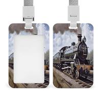 Porta badge con locomotiva a vapore, trasparente, con cordino rimovibile, custodia verticale in plastica rigida per proteggere carte d'identità e carte di credito per ufficio e fabbrica