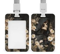 Porta badge con margherite bianche in stile gotico scuro, con clip retrattile, porta carte di credito, nome, badge per lavoro, ufficio, dottore, infermiere