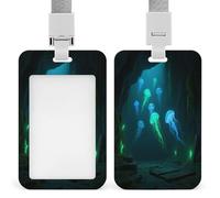 Porta badge con meduse e grotta di mare profondo, con stampa, verticale, adatto per ufficio, scuola, carta d'identità, chiavi, patente di guida e pass