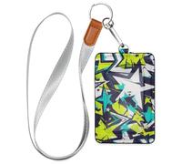 Porta badge con motivo graffiti astratto con stelle gialle con cordino e capacità di 3 carte di credito, per ufficio, ospedale e patente di guida