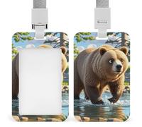Porta badge con orso che attraversa il fiume con cordino staccabile, custodia protettiva verticale in plastica trasparente, impermeabile e resistente, per infermiere, insegnanti, personale in ufficio
