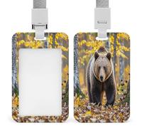 Porta badge con orso marrone in autunno con cordino staccabile, in plastica, verticale, porta badge identificativo, impermeabile, per ufficio, medico, teacer, viaggio