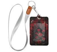 Porta badge con rose rosse gotiche con cordino e porta carte di sicurezza per 3 carte di credito, per ufficio, ospedale e patente di guida