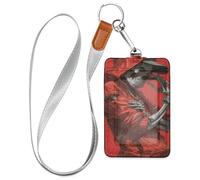 Porta badge con scheletro umano in stile graffiti in stile cartone animato rosso scuro nero in pelle con cordino e capacità di 3 carte porta carte di nome per ufficio Shcool ospedale e patente di