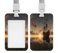 Porta badge con scritta "Ship in The Lake Sunset", con cordino rimovibile, custodia verticale in plastica rigida, protegge carte d'identità e carte di credito per ufficio fabbrica