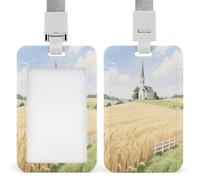 Porta badge con stampa di villaggio e chiesa, verticale, adatto per ufficio, scuola, carta d'identità, chiavi, patente di guida e pass