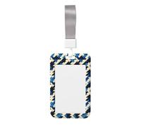 Porta badge con stampa testurizzata nera e blu con cordino, porta badge verticale in plastica rigida per tessere identificative.