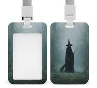 Porta badge con strega nel bosco con scopa Dark Fantasy ID porta badge retrattile clip porta carte di credito protezione nome badge etichetta per lavoro ufficio medico infermiera