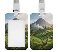 Porta badge con terrazze di riso e vulcani di Bali, con stampa, verticale, adatto per ufficio, scuola, carta d'identità, chiave di prossimità, patente di guida e pass