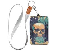 Porta badge con teschio umano verde Monstera deliciosa foglie con cordino e capacità di 3 carte di sicurezza porta carte di sicurezza per impiegati, infermieri, insegnanti, studenti