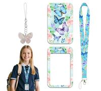 Porta badge da collo, farfalla fiore modello blu cordino confortevole Id Card Holders per la nave da crociera dell'autobus scolastico, con un ciondolo variopinto farfalla