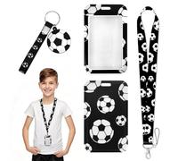Porta badge da collo, morbido modello di calcio nero cordino confortevole Id Card Holders per la nave da crociera della scuola di autobus, con un portachiavi di calcio nero