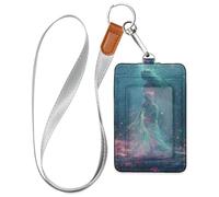 Porta badge da donna in pelle a forma di sirena color foglia di tè, con cordino e porta carte di credito con capacità di 3 carte, per ufficio, scuola, carte chiave dell'hotel, pass card