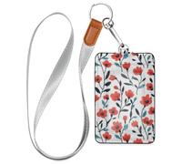 Porta badge da donna in pelle stile retrò con fiore rosso e foglie nere, con cordino e porta documenti d'identità con capacità di 3 carte, per ufficio, scuola, carte chiave dell'hotel, carte di