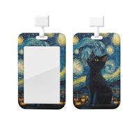 Porta badge da lavoro con stampa di una notte stellata con gatto nero e scritta "Notte stellata" scorrevole, ideale come regalo per ufficio