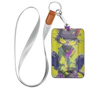 Porta badge di sicurezza in pelle colorata in stile graffiti con gatto in stile cartone animato con cordino e porta documenti d'identità per ufficio, scuola, carte chiave dell'hotel, carte di credito